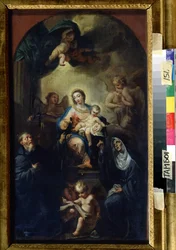 Dziewica z Dzieciątkiem ze Świętymi (Madonna z Dzieciątkiem ze Świętymi). Obraz Francesco Trevisaniego (1656-1746). Olej na płótnie, 61,5 x 35,5 cm. Szkoła wenecka, sztuka baroku włoskiego. Regionalna Galeria Sztuki, Tambow (Rosja).