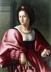 Portret damy siedzącej długości 3/4, trzymającej rękawiczkę,