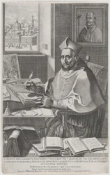 Kardynał Roberto Bellarmino przy swoim biurku, pisanie, 1604.
