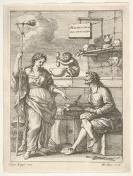 Małpa pracująca w moździerzu i tłuczkiem, poniżej Lorenzo Lippi piszący swoje humorystyczne…, ok. godz. 1710-64.