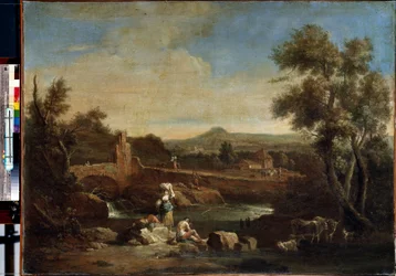 Krajobraz z rzeką. Obraz Francesco Zuccarelli (1702-1788). Olej na płótnie, 81,5 x 119 cm. XVIII-wieczna sztuka wenecka. Muzeum Ermitażu w Sankt Petersburgu.