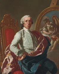 Portret artysty, długości 3/4, siedzącego, trzymającego ołówek, przy sztalugach z wizerunkiem Minerwy