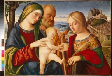Mistyczne małżeństwo św. Katarzyny - Obraz Francesco di Bernardo de Vecchi Santacroce (1505-1545), olej na płótnie, 47,5x67 cm - Mistyczne małżeństwo św. Katarzyny, olej na płótnie Francesco di Bernardo de Vecchi Santacroce - Stan A Push