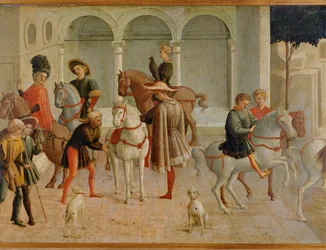 Kawalerzyści w sali sądowej Gualtieri di Saluzzo (tempera na drewnie)