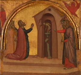 Św. Jan Ewangelista powoduje zawalenie się pogańskiej świątyni, ca. 1370.