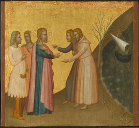 Akteusz i Eugeniusz błagają św. Jana Ewangelistę o przywrócenie ich bogactwa, ok. 1370-1380 (tempera i złoty płatek na desce)