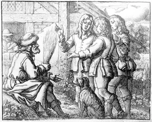 Stary człowiek i jego synowie, ilustracja z „Bajek Ezopa”, 1666 (akwaforta)