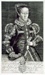 Portret Maryi I (1516-58) Trzymająca błaganie Thomasa Hongara, sztychowany przez artystę, wyd. Compton Holland (grawerunek)