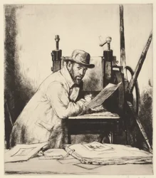 Portret Muirhead Bone opartego na prasie do akwaforty