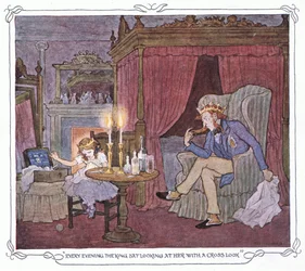 Każdego wieczoru król siedział i patrzył na nią krzyżowym wzrokiem, z The Magic Fishbone pub.by Warne  Co, ok. 1940 (kolorowa litografia)