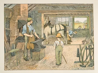 The Blacksmith, z Four and Twenty Toilers, wyd. 1900 (kolorowa litografia)