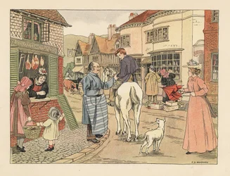Wiktoriański rzeźnik i chłopiec rzeźnika na koniu na wiejskiej ulicy. Chromolitografia według ilustracji Francisa Donkina Bedforda z "The Book of Shops" Edwarda Verralla Lucasa.