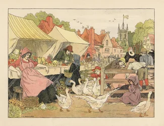 Wiktoriańskie dzieci kupujące warzywa, goniące gęsi i szturchające świnie na wiejskim targu. Chromolitografia według ilustracji Francisa Donkina Bedforda z "Księgi sklepów" Edwarda Verralla Lucasa.