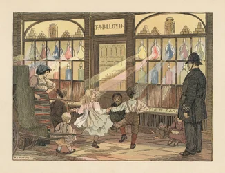 Wiktoriańskie dzieci tańczące przed apteką, obserwowane przez policjanta. Chromolitografia na podstawie ilustracji Francisa Donkina Bedforda z "The Book of Shops" Edwarda Verralla Lucasa.