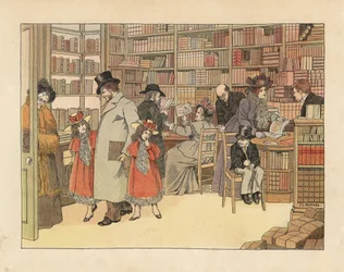 Wiktoriańscy klienci w księgarni. Chromolitografia według ilustracji Francisa Dorkina Bedforda z "The Book of Shops" Edwarda Verralla Lucasa, Grant Richards, Londyn