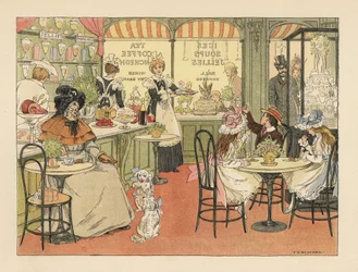 Wiktoriańscy klienci w herbaciarni i cukiernicy. Chromolitografia według ilustracji Francisa Donkina Bedforda z "The Book of Shops" Edwarda Verralla Lucasa.