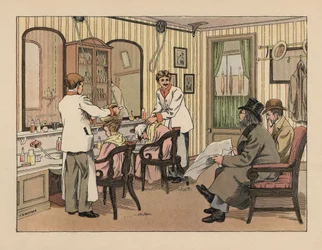 Wiktoriańscy panowie myjący włosy szamponem i poddawani zabiegom fryzjerskim w zakładzie fryzjerskim. Chromolitografia na podstawie ilustracji Francisa Donkina Bedforda z "The Book of Shops" Edwarda Verralla Lucasa.