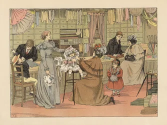 Wiktoriańskie matki i dzieci przymierzające czepki u krawcowej. Chromolitografia według ilustracji Francisa Donkina Bedforda z "The Book of Shops" Edwarda Verralla Lucasa.