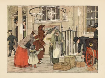 Wiktoriańscy ludzie nadający listy na poczcie w okolicach Bożego Narodzenia. Chromolitografia na podstawie ilustracji Francisa Donkina Bedforda z "The Book of Shops" Edwarda Verralla Lucasa.