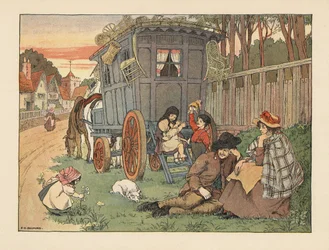 Wiktoriańscy wędrowni koszykarze z towarami na dachu przyczepy kempingowej. Chromolitografia według ilustracji Francisa Donkina Bedforda z "The Book of Shops" Edwarda Verralla Lucasa.