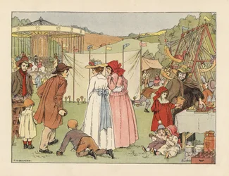 Wiktoriańska młodzież w nieśmiałym kokosie, dzieci na huśtawkach i karuzeli na wiejskim jarmarku. Chromolitografia według ilustracji Francisa Donkina Bedforda z "The Book of Shops" Edwarda Verralla Lucasa.