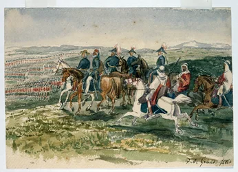 Gwardia i Górale przyjęci przez Omara Paszy i marszałka St Arnauda dowodzonego przez księcia Cambridge w Aladyn, 6 lipca 1854