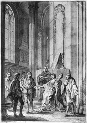 Claudio oskarżający Bohatera o niewierność, Akt IV Scena I z „Wiele hałasu o nic” Williama Szekspira (1565-1616) sztychowana przez Huberta Gravelota (1699-1773)