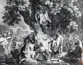 Druidzi, czyli nawrócenie Brytyjczyków na chrześcijaństwo, rycina Simon Francois Ravenet, wydrukowana w 1778 roku