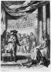 Scena z „Hamleta” Williama Szekspira (1564-1616) sztychowana przez Huberta Gravelota (1699-1773)
