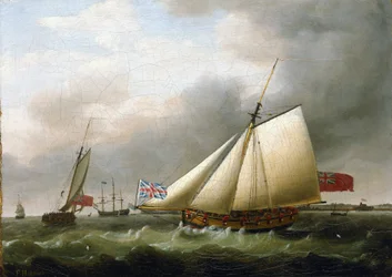 Statek "Fly" i inne statki, na południe od Downs (Anglia), z flagą Union Jack. Olej na płótnie