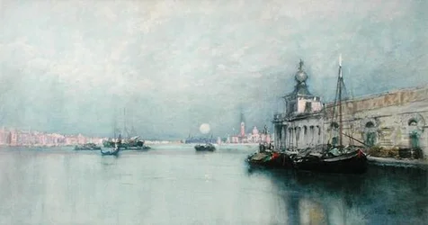 Wschód księżyca nad Canal Grande (akwarela na papierze)
