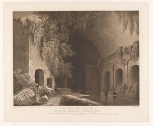 Dwóch artystów w Nymphaeum of Egeria w parku Caffarella pod Rzymem Widok Fontanny Egerii koło Rzymu (tytuł na obiekcie)