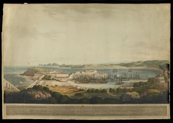 Widok południowy Coruny ze wzgórz w pobliżu klasztoru św. Małgorzaty sztychowany przez H. Merke, opublikowany w 1809 r. (akwatinta kolorowa)
