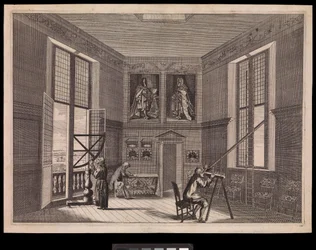 Trzy postacie korzystające ze sprzętu astronomicznego w Wielkiej Sali Gwiezdnej lub Ośmiokątnej Sali w Królewskim Obserwatorium, ok. 1676 r. (rycina)