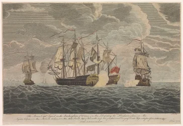 Dzielny kapitan Tyrrel na "Buckingham" z 66 działami i 472 ludźmi pokonał "Florissant", "Aigrette" i "Atlante", trzy francuskie okręty wojenne, 3 listopada 1758 r.