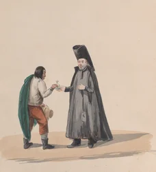 Kanonik wręczający mężczyźnie krucyfiks, z grupy rysunków przedstawiających strój peruwiański, 1848 r.