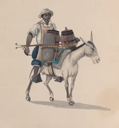 Woźnica jadący na osiołku, z grupy rysunków przedstawiających strój peruwiański, ca. 1848.