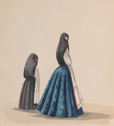 Dwie kobiety noszące saya oglądane z profilu, z grupy rysunków przedstawiających..., ca. 1848.