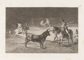 El c?lebre Fernando del Toro, barilarguero, zmusza bestię swoim drągiem (Słynny pikador, Fernando del Toro, ciągnie dziką bestię swoją piką), płyta 27 z La tauromaquia