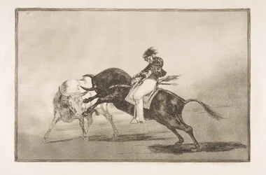 Tablica 24 Tauromachii: Ten sam Ceballos, jadący na innym byku, łamie krótką włócznię..., 1816.