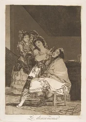 Tablica 35 z Los Caprichos: Okrywa go runem Le descañona., 1799.