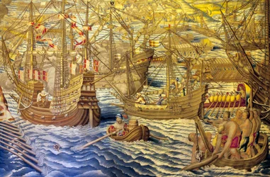 Statki i barka - Fragment podboju Tunisu (Tunezja) - Gobelin autorstwa Francisco i Corneliusa Van der Ggot (XVIII w.), wpleciony w królewską fabrykę gobelinów, połowa XVIII w., po gobelinie z XVI w. Willema de Pannemakera - (Tun