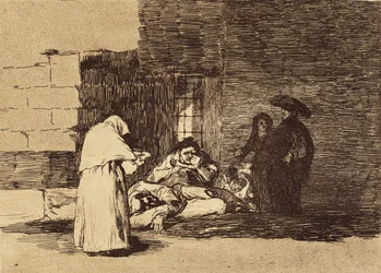 GOYA I LUCIENTES, Francisco de (1746-1828). Dobroczynność kobiety. 1810-1820. (15,5 x 20,6 cm). Tablica 49 „Katastrof wojennych”. Akwaforta. HISZPANIA. MADRYT (WSPÓLNOTA AUTONOMICZNA). Madryt. Biblioteka Narodowa