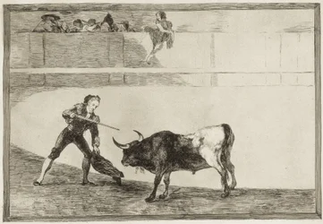 Pedro Romero zabija zatrzymanego byka. 1816. (25,1 x 35,9 cm). Pedro Romero (1754-1839). Hiszpański torreador. Plansza 30 z cyklu „Sztuka walki byków”. Hiszpania. Madryt (wspólnota autonomiczna). Madryt. Biblioteka Narodowa
