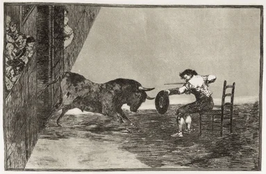 Śmiałość Martincha (prawdopodobnie Antonia Ebassuma) na arenie w Saragossie. 1816. (24,9 x 35,7 cm). Plansza 18 z cyklu „Sztuka walki byków”. Hiszpania. Madryt (wspólnota autonomiczna). Madryt. Biblioteka Narodowa