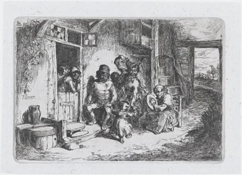 Tablica 10: dwie tańczące postacie, inna siedząca grająca na bębnie, z serii obyczajów…, 1850.