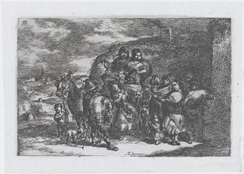 Tablica 13: grupa ludzi na zewnątrz, w tym prawdopodobnie muzycy, z serii cust..., 1850.