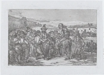 Tablica 14: duża grupa ludzi w plenerze, prawdopodobnie trupa aktorów, z serii O..., 1850.