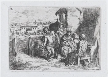 Ilustracja 16: grupa ludzi na zewnątrz, w tym mężczyzna nalewający wino lub wodę z naczynia..., 1850.