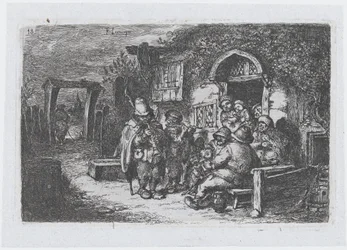 Tablica 18: uliczni muzycy i inne postacie przed karczmą, z cyklu obyczajów…, 1850.